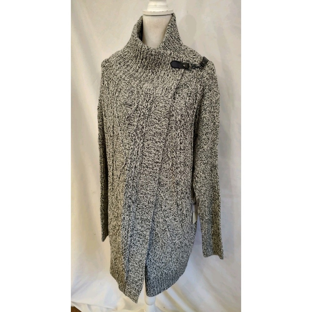 NWT RD Style Daksha Sweater Buckle Cardigan Black White Marled Cable Knit Sz XL